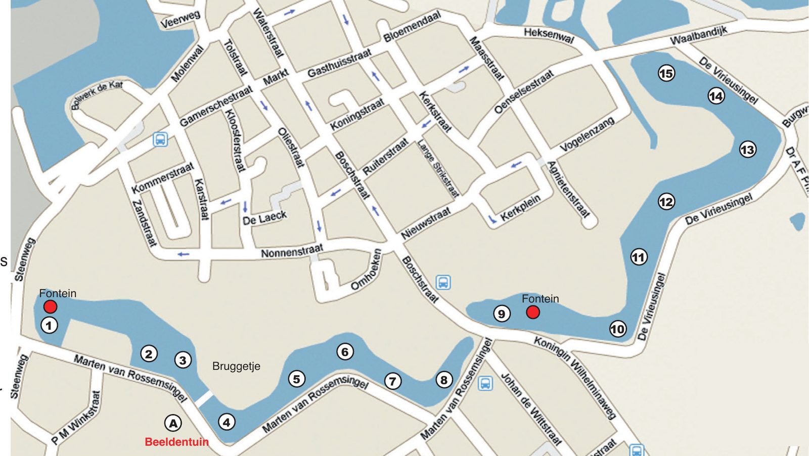 Plattegrond van de kunstroute langs de grachten van Zaltbommel